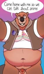 anthro balls beaver belly bluebean bottomless clothed clothing english_text eyewear first_person_view foreskin genitals glasses hi_res male mammal navel neet nerd overweight penis rodent shirt solo t-shirt text topwear weeaboo