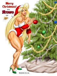 ass biceps big_breasts big_muscles blonde_hair breasts christmas christmas_clothing christmas_outfit christmas_tree dcmatthews female green_eyes hair high_heels huge_breasts large_breasts large_muscles long_hair muscles muscular_arms muscular_female muscular_legs muscular_thighs santa_hat tetsuko