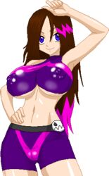 alieena arm_over_head ass_visible_through_thighs bike_shorts blue_eyes breasts brown_hair cameltoe huge_breasts large_breasts long_hair midriff nipples nipples_visible_through_clothing one_arm_up original_character pixel_art purple_hair shorts smile tagme top transparent_background underboob warnerc