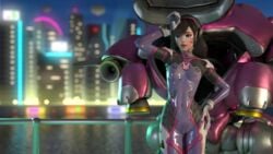 3d bodysuit breasts brown_hair cameltoe cleavage d.va female female_only lvl3toaster meka nipples overwatch skin_tight solo tight_clothes translucent_latex transparent_clothing