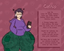 1girls annoyed big_ass catnip_(tasteofchoklit) character_sheet hoodie hyper hyper_ass phone tasteofchoklit