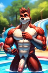 1boy ai_generated anthro balls blurry_background crash_(series) crunch_bandicoot frosting.ai fur furry furry_only gay male male_only muscular muscular_male penis pool pubic_hair self_upload solo sweatdrop tagme veiny_penis video_games water_park