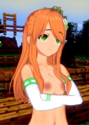 1girls amber_green_(slipperyt) arms_crossed big_breasts clothing fingerless_gloves flower flower_in_hair ginger ginger_hair green_eyes handwear long_hair minecraft orange_hair red_hair smile topless