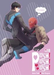 2boys batman_(series) bodysuit comic_cover dc dc_comics dick_grayson doujin_cover english_text jason_todd male male/male male_only mask muscular muscular_male nightwing pushing_down red_hood_(dc) skin_tight tight_clothing yaoi