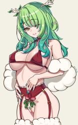 absurdres antlers blush braid branch breasts ceres_fauna cleavage coubalty female female_only female_pubic_hair flower green_hair hair_flower hair_ornament heart highres hololive hololive_english hololive_english_-council- hololive_english_-promise- large_breasts long_hair looking_at_viewer mistletoe mistletoe_above_vagina mole mole_under_eye multicolored_hair navel open_mouth pubic_hair pussy smile solo solo_female streaked_hair uncensored virtual_youtuber yellow_eyes