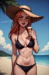 ai_generated beach bikini drinking hard_nipples long_hair looking_at_viewer medium_breasts orange_hair straw straw_hat tokyo_revengers yuzuha_shiba