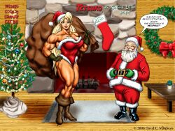 biceps big_breasts big_muscles blonde_hair breasts christmas christmas_clothing christmas_lights christmas_outfit christmas_reef christmas_tree dcmatthews female hair huge_breasts large_breasts large_muscles long_hair male muscles muscular_arms muscular_female muscular_legs muscular_thighs santa_claus santa_hat tetsuko