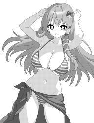 ass bad_arm bikini breasts cleavage collarbone cowboy_shot female frog_hair_ornament greyscale groin hair_between_eyes hair_ornament hair_tubes kochiya_sanae large_breasts long_hair monochrome navel onkn_sxkn open_mouth sanae_kochiya sarong simple_background snake_hair_ornament solo striped striped_bikini swimsuit touhou white_background