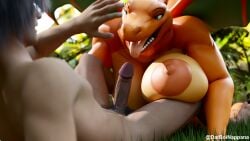 3d_(artwork) anthro big_breasts breasts charizard digital_media_(artwork) dragon duo erection female generation_1_pokemon genitals hi_res human human_on_anthro human_on_pokemon humanoid_genitalia humanoid_penis imminent_oral imminent_sex interspecies larger_female male male/female male_human/female_pokemon male_on_anthro mammal mature_anthro nappana nintendo penis pokemon pokemon_(species) pokephilia reptilligator sagging_breasts zardmom_(reptilligator)