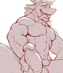 2016 abs anthro balls biceps dragon erection hair hi_res horn looking_at_viewer male male_only miharushoka muscular muscular_male navel open_mouth pecs penis scalie sharp_teeth simple_background solo teeth tongue tongue_out white_background