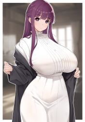 1girls absurdres black_robe blunt_bangs blurry blurry_background border breasts buttons closed_mouth cowboy_shot dress female fern_(sousou_no_frieren) highres hourglass_figure huge_breasts light-skinned_female long_hair looking_at_viewer off_shoulder purple_eyes purple_hair robe slim_waist solo sousou_no_frieren thick_thighs very_long_hair white_border white_dress wide_hips wreath_(lit)