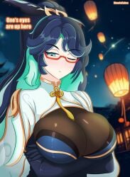 1girls chinese_new_year cleavage colored genshin_impact glasses green_eyes green_hair huge_breasts long_hair mature_female mauviecakes new_year ponytail solo_female two_tone_hair xianyun_(genshin_impact)