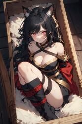 ai_generated black_dress black_hair black_hair_female black_socks bound_ankles bound_arms bound_legs bound_together bound_wrists box cleavage fox_ear fox_ears fox_girl foxgirl kitsune pillow pillows red_eyes red_eyes_female rope rope_bondage rope_harness ropes socks wooden_box