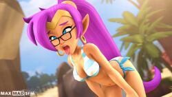 1girls beach bikini blue_eyes breasts ear_piercing earrings female female_only glasses humanoid long_hair maxmadsfm ocean pointy_ears ponytail purple_hair sea shantae shantae_(character) solo solo_female striped_bikini tongue_out tree very_long_hair