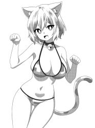 animal_ears ass_visible_through_thighs bell bikini breasts cat_ears cat_girl cat_tail cleavage collarbone cowboy_shot cute_fang female goutokuji_mike greyscale hair_between_eyes large_breasts mike_goutokuji monochrome navel neck_bell oerba_yun_fang onkn_sxkn open_mouth short_hair simple_background solo swimsuit tail thigh_gap touhou white_background