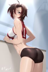 1girls artist_request ass bike_shorts breasts bubble_butt female female_only heavenly_ass hocen looking_back rooster_teeth ruby_rose rwby short_hair silver_eyes solo solo_female sports_bra surprised