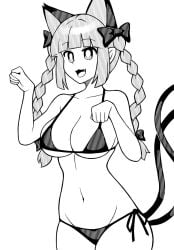 2_tails :d animal_ears bad_id bad_twitter_id bikini blunt_bangs bow braid breasts bright_pupils cat_ears cat_tail cleavage clenched_hands commentary cowboy_shot female greyscale hairbow high_contrast kaenbyou_rin large_breasts long_hair monochrome multi_ear multi_tail oerba_yun_fang onkn_sxkn open_mouth rin_kaenbyou side-tie_bikini_bottom side_braids sidelocks simple_background smile solo standing swimsuit tail touhou twin_braids