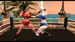 2girls blood blood_on_face blood_splatter boxing boxing_ring female_abs fight fighting_ring final_fantasy final_fantasy_xiv fit_female multiple_girls muscular_female punch punching punching_face sweat sweaty_body viera