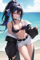 ai_generated beach bikini_top black_hair cute_face cute_pose jacket_partially_removed nanami_nagi original original_character ponytail purple_eyes purple_streak shorts