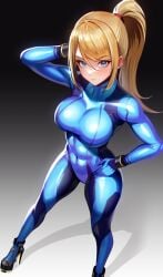 abs arm_up armpits blonde_hair blue_bodysuit blue_eyes bodysuit breasts closed_mouth expressionless female female_only foot_out_of_frame from_above fully_clothed gloves gradient_background hand_on_own_hip high_heels high_ponytail highres large_breasts long_hair looking_at_viewer metroid samus_aran shiny_clothes skin_tight solo tight_clothing volyz zero_suit zero_suit_samus