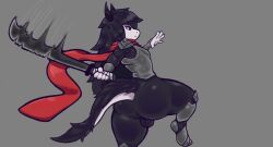 absurd_res anthro ass ass_focus backsack balls clothed clothing dragon genitals grey_background hair hi_res holding_melee_weapon holding_object holding_weapon male melee_weapon nebssik nyth_(grumpydragon) raised_leg simple_background solo thick_thighs tight_clothing tights weapon