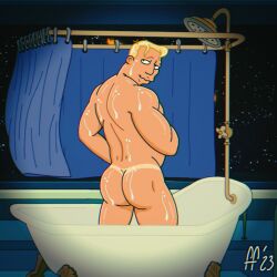 1boy ass back back_muscles back_view bara bathtub big_ass big_butt blonde blonde_hair bubble_ass bubble_butt curtains_open dadbod dilf fabfelipe futurama glistening_body hulu human human_only in_bathtub looking_at_viewer looking_back male male_only muscles muscular muscular_back muscular_male naked nude nude_male shower showering smothering solo solo_focus solo_male tan_line tan_lines tanline wet wet_body wet_hair wet_skin zapp_brannigan