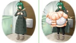 1girls boots breasts_bigger_than_head breasts_bigger_than_torso bursting_breasts clothed clothing compressed_breasts enormous_breasts green_hair hammerspace hidden_buxom huge_breasts hyper hyper_breasts impossible_clothes jacket multiple_images open_clothes solo_female standing ultratofunii undressing urutoratofunii what