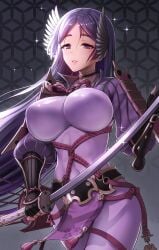 arm_guards armor black_gloves bodysuit breasts cowboy_shot fate/grand_order fate_(series) female fingerless_gloves gloves highres holding holding_sword holding_weapon impossible_bodysuit impossible_clothes japanese_armor katana kote large_breasts long_hair looking_at_viewer minamoto_no_raikou_(fate) minamoto_no_raikou_(fate/grand_order) parted_bangs parted_lips purple_bodysuit purple_eyes purple_hair ribbed_sleeves rope smile solo suneate sword very_long_hair weapon youshuu