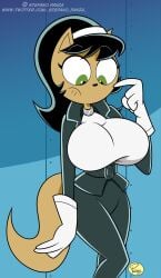 1girls big_breasts black_hair brown_fur clothed domestic_cat green_eyes ilpanza kitty_katswell looking_down nickelodeon solo standing t.u.f.f._puppy