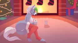 absurd_res anthro ass big_breasts breasts canid canine chapaevv christmas christmas_clothing christmas_tree clothed clothing container cup digital_media_(artwork) female fireplace five_nights_at_freddy's five_nights_at_freddy's:_security_breach fur genitals hair hi_res holidays looking_at_viewer mammal nipples plant roxanne_wolf_(fnaf) scottgames solo steel_wool_studios tail tree