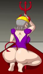 ass barefoot demon_horns demon_tail female female_only grey_hair large_ass mary_lee_walsh purple_clothing purple_lipstick red_eyes sonichu staff thejestermime yellow_headwear yellow_helmet