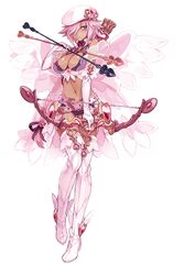 arrow bow bra breasts cupid_(monster_girl_encyclopedia) elbow_gloves heart heart-shaped_pupils kenkou_cross legwear monster_girl monster_girl_encyclopedia official_art pink_hair short_hair tan_skin wings