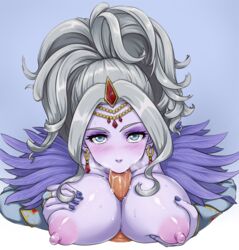 areolae blush breasts circlet dragon_quest dragon_quest_xi earrings female jewelry krystalinda large_breasts long_hair looking_at_viewer nail_polish nipples oral paizuri penis pov titfuck yas_(35373)