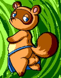 animal_crossing anthro apron ass backsack balls big_balls flygon_(artist) furry green_background looking_back male_only mammal nintendo nude pixel_art rear_view simple_background solo solo_male somnamg tanuki tom_nook