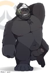 2017 anthro ape armpits balls blush boner erection eyewear foreskin glasses gorilla highres humanoid_penis mabit male male_only mammal muscles nipples nude overwatch partially_retracted_foreskin pecs penis primate simple_background smile solo standing winston_(overwatch)