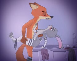 2017 alcohol anthro beverage blush breasts buckteeth canine clothed clothing cum disney female fingerless_gloves flat_chested fox gloves judy_hopps lagomorph leg_lock legwear looking_pleasured male mammal nick_wilde panties panties_around_one_leg pants_down partially_clothed penetration purple_background pussy_juice rabbit sex side_view simple_background stockings straight teeth thigh_highs underwear vaginal_penetration wine yitexity zootopia