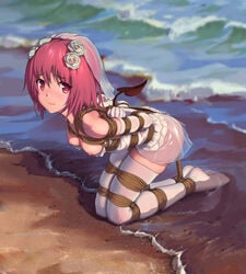 arms_behind_back beach bent_over blush bondage breasts breasts_out bride clothing dress embarrassed female flower hair_flower himitsu kneeling momo_velia_deviluke nipples partially_submerged pink_hair purple_eyes restrained rope scared sea see-through short_hair small_breasts stockings tail thighhighs tied to_love-ru veil wedding_dress