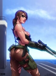 1girls ass barretxiii big_breasts bikini bikini_top black_bikini breasts brown_hair cleavage dat_ass female female_only front-tie_bikini front-tie_top gloves grey_eyes gun handgun high_resolution holster large_breasts lips lipstick long_hair looking_at_viewer looking_back makeup metal_gear metal_gear_(series) metal_gear_solid metal_gear_solid_v metal_gear_solid_v:_the_phantom_pain mismatched_gloves nose panties pantsu pantyhose pistol ponytail quiet_(metal_gear) rifle scope sniper_rifle solo strap_gap suspenders swimsuit thigh_holster thong tied_hair toned torn_clothes torn_pantyhose underwear weapon