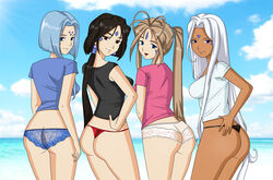 4girls ass beach belldandy breasts clothing dark-skinned_female dark_skin facial_markings female goddess large_breasts light-skinned_female light_skin lind long_hair multiple_girls oh_my_goddess! panties peorth quartet shirt siblings sisters squinty003 t-shirt thong urd