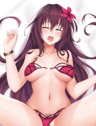 :d bikini bikini_aside blush bracelet breasts fate/grand_order fate_(series) female flower hair_flower hair_ornament hibiscus implied_sex jewelry large_breasts long_hair navel open_mouth pubic_hair purple_bikini purple_hair pussy red_eyes scathach_(fate) scathach_(swimsuit_assassin) smile solo swimsuit unclasped yanochi