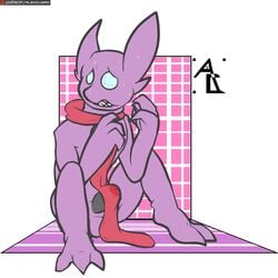 1boy alexclimax anthro anthrofied barefoot clothing embarrassed erection erection_under_clothes feet flat_colors imp looking_away male male_only mostly_nude nintendo penis pokemon pokemon_rse sableye scarf signature sitting slim solo sweat testicles text video_games wet_spot