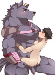 666yubazi anthro anthro_on_human anthro_on_male bathym big_muscles big_pecs canine flaccid foreskin gay glans human human_on_anthro interspecies male male_on_anthro male_only mammal muscular pecs penis size_difference tokyo_afterschool_summoners wolf yaoi