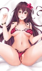 :d bikini bikini_aside blush bracelet breasts fate/grand_order fate_(series) female flower hair_flower hair_ornament hibiscus jewelry large_breasts long_hair navel open_mouth pubic_hair purple_bikini purple_hair pussy red_eyes scathach_(fate) scathach_(swimsuit_assassin) smile solo swimsuit unclasped yanochi