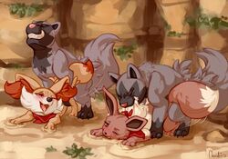 2017 2boys 2girls all_fours ambiguous_penetration bandana bite black_fur black_nose blush brown_eyes brown_fur canine claws clenched_teeth closed_eyes detailed_background doggy_style eevee eyelashes fangs feet female fennekin feral feral_on_feral fleurdeiris fluffy foursome fox from_behind from_behind_position fur furry grey_fur group group_sex hyena inner_ear_fluff interspecies isisdejohto long_ears male mammal mating_bite motion_lines neck_bite neckerchief nintendo nude one_eye_closed open_mouth orgasm_face outdoors paws penetration pink_nose pokemon pokemon_(species) pokemon_mystery_dungeon pokemon_rse pokemon_xy poochyena quadruped red_eyes sand scarf sex sharp_teeth straight tail teeth text tongue tongue_out video_games wince yellow_fur