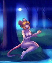 anthro areola blonde_hair box-cat breasts female forest fur hair hi_res lake lynn_white mammal moon mouse nude rodent sitting smile solo star tree