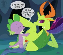 3_fingers anal anal_sex ass blargsnarf butt_grab changeling closed_eyes dialogue dragon duo english_text friendship_is_magic green_scales half-closed_eyes hand_on_ass happy happy_sex heart insect_wings king_thorax_(mlp) lying male membranous_wings my_little_pony on_side penetration penis purple_eyes purple_scales red_penis scales sex size_difference small_dom_big_sub smooth_skin spike_(mlp) standing text thorax_(mlp) wings yaoi