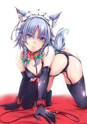 all_fours animal_ears bangs bare_shoulders belt black_bra black_gloves black_legwear black_panties blue_eyes bow bra braid breasts buttplug buttplug_tail cum cum_on_body cum_on_breasts cum_on_upper_body cyoppu dog_ears elbow_gloves eyebrows_visible_through_hair female garter_belt gloves green_bow hairbow head_tilt highres kemonomimi_mode leash looking_at_viewer maid_headdress medium_breasts panties pet_play red_collar sakuya_izayoi smile solo sweat tail thighhighs touhou twin_braids underwear underwear_only white_background