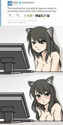 1girls animal_ears artist_request blush breasts cat_ears catgirl cleavage computer embarrassed english_text female funny humor irony meme monitor nekomimi reading topless worried