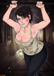 1girls armpit armpits black_hair breasts brown_hair capcom cleavage covered_breasts dirty female female_only green_eyes high_resolution hips large_breasts legs pants resident_evil resident_evil_7 shadman short_hair solo teeth thighs video_game wide_hips zoe_baker