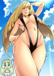 1milf 2girls aether_foundation areolae armpits beach belly big_breasts bikini black_swimsuit blonde blonde_hair blue_sky blush breasts chibi_inset cleavage cloud cloudy_sky collarbone covered_breasts day embarrassed female female_only female_pubic_hair green_eyes hips human large_breasts legs lillie_(pokemon) long_hair looking_at_viewer looking_down lusamine_(pokemon) mature midriff mother mother_and_daughter multiple_girls navel nintendo outdoors pokemon pokemon_sm pubic_hair pubic_hair_peek sketch sky sling_bikini small_breasts sugarbeat surprised swimsuit thighs very_long_hair white_swimsuit